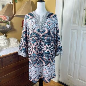 Matison Stone Swimsuit Coverup Dress Sheer Geo Print Coral Teal Black White Sz 8